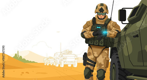 Illustration depicting a modern soldier utilizing technology in a desert landscape with armored
