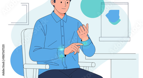 Illustration of a man with glowing wristbands interacting with technology in office environment