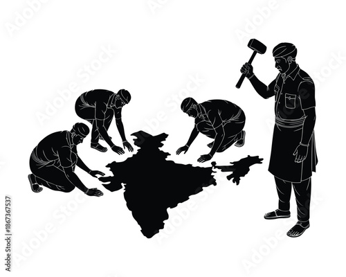 workers building india map with hammer