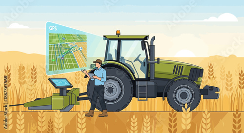 Illustration of smart farming with a tractor using GPS technology in a wheat field