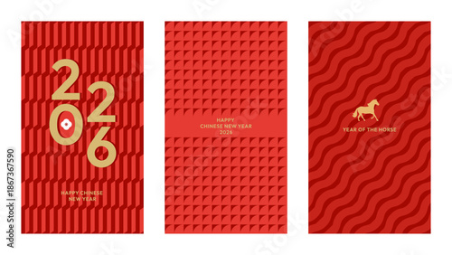 Modern Chinese New Year 2026 banner set in red and gold featuring geometric patterns, Year of the Horse symbol, and festive typography.