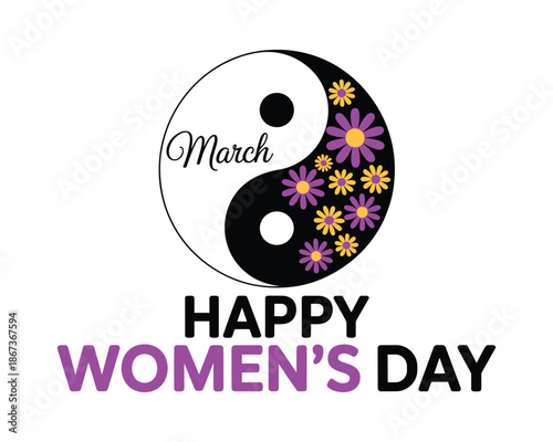 Yin yang symbol with flowers for Womens Day