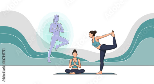 Illustrative yoga postures symbolizing flexibility wellbeing relaxation and mindfulness in diverse
