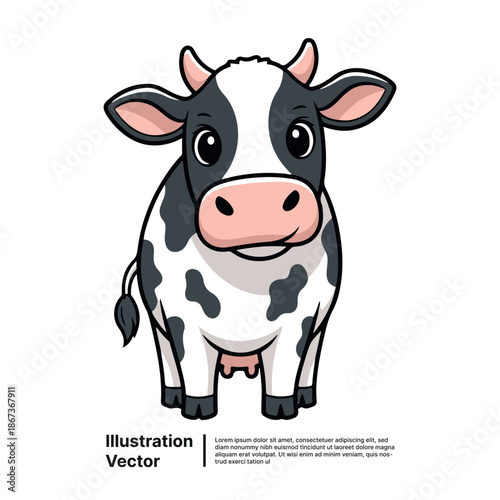 A cartoon cow standing on a white background with a friendly expression