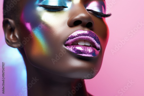 Portrait closeup of a beautyiful model with creative metallic makeup. Fashion and beauty concept. AI Generated