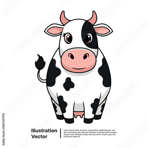 A cartoon cow with black spots standing on a white background, viewed from the front with a cheerful expression.