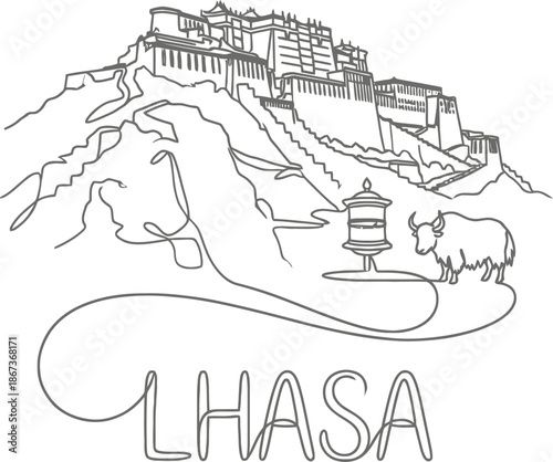 Potala Palace and Tibetan yak landmark vector illustration