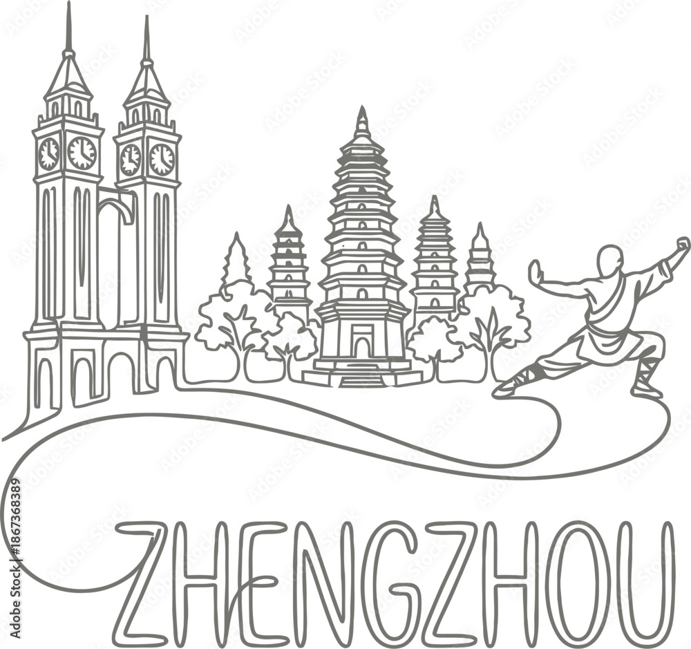 Fototapeta premium Zhengzhou city landmarks and kung fu monk vector illustration