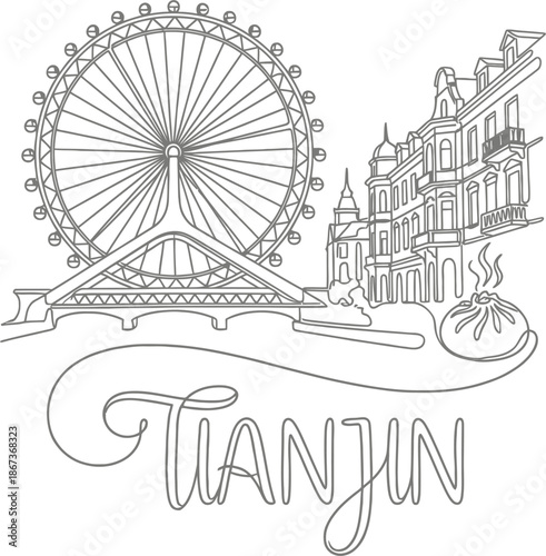 Tianjin Eye and skyline line art vector illustration