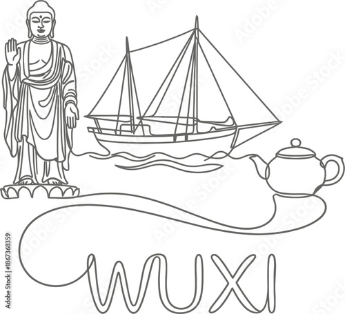 Wuxi city cultural icons line drawing vector illustration