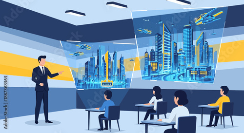 Innovative lecture showcasing futuristic cityscape with drone traffic and towering buildings