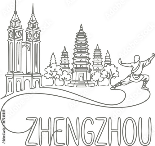 Zhengzhou city landmarks and kung fu monk vector illustration