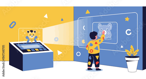 Interactive learning environment featuring a child engaging with digital art station