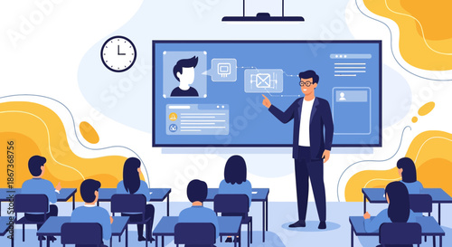 Lecturer guiding students in a classroom environment utilizing a digital interactive whiteboard