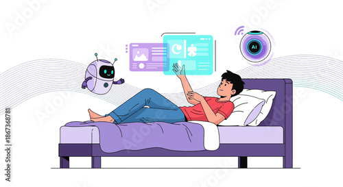 Man in bed interacting with holographic interfaces and friendly ai robots in futuristic room