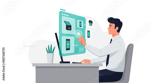 Man interacting with digital display for showcasing mobile electronic products online