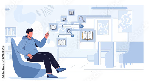 Man searching for books online in a modern library setting with floating search icons and books