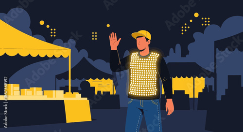 Man with illuminated vest at a night fair illuminating the lively market atmosphere