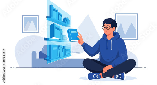 Man using virtual reality to choose a book from a digital bookshelf at home comfortably