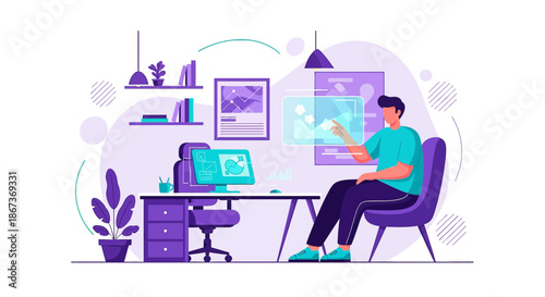 Modern workspace illustration featuring a man interacting with futuristic technology interface