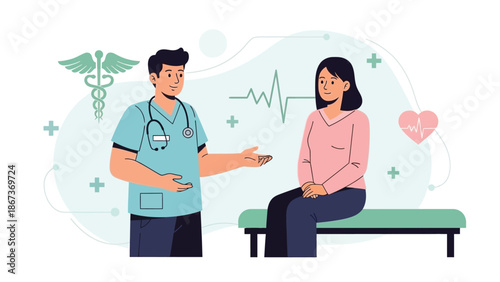 Male doctor wearing scrubs and stethoscope consulting with a female patient about heart rhythm and general wellness in a clinical setting