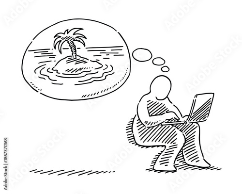 Dreaming on Vacation: A Person Working on Laptop While Imagining a Palm Island Getaway