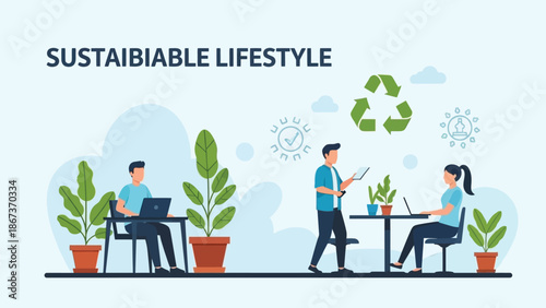 People working in a modern office setting surrounded by greenery and abstract symbols promoting a sustainable lifestyle concept for environmental awareness