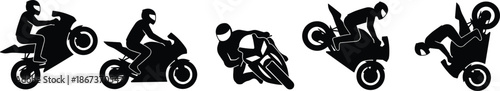 Motorcycle stunt rider silhouettes performing extreme tricks and racing maneuvers, showcasing speed, adrenaline, danger, professional motorsport skills, and dynamic action sport concept