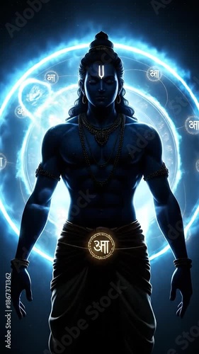 Silhouetted divine figure with glowing cosmic aura and mystical symbols.