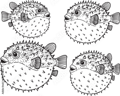 Four cute cartoon pufferfish with spiky bodies and propeller tails swimming