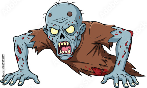 Creepy Zombie Character Crawling Forward with Glowing Eyes, Scary Undead Monster Vector Illustration for Halloween Horror Theme Graphic Design Projects