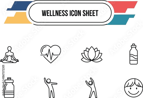 Black outline icon sheet illustrating modern health and wellness concepts