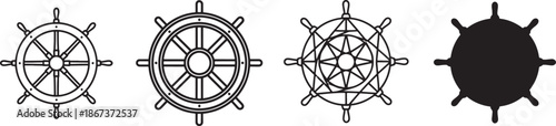 Four different styles of ship steering wheels as line art and silhouette icons Vector