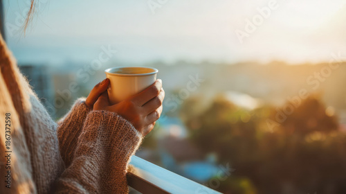 Hands holding a cup of warm coffee on a balcony overlooking the sunrise, a cozy morning in soft light and a calm cityscape