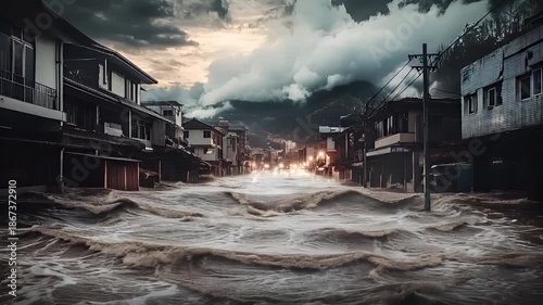 Natural disaster. Devastating loss aftermath scene. Aerial view of a coastal town during a torrential downpour during what appears to be the aftermath of a recent storm.