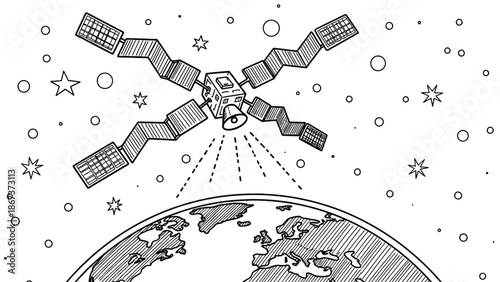 Satellite Constellation Orbiting Earth With Solar Panels, Space Debris, And Starry Background