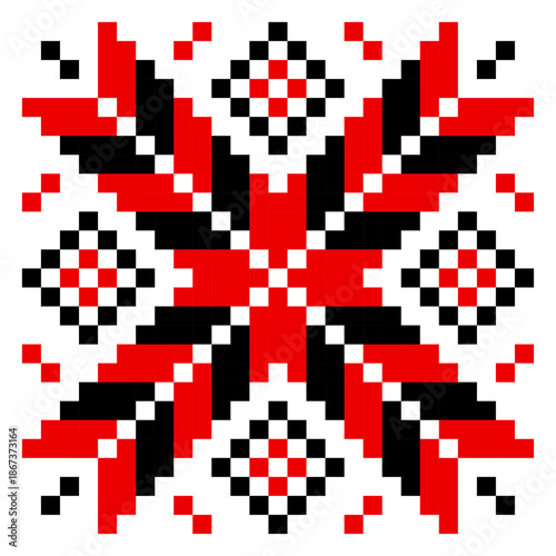Traditional geometrical ornament isolated on white. Vyshyvanka icon. Cross stitch. Embroidery in black and red colors. Vector element for design. Folk pattern. Festive ornament