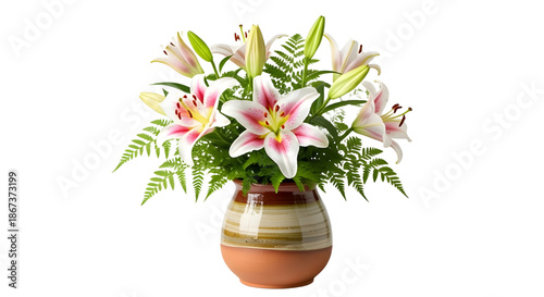 Wallpaper Mural Elegant Pink and White Lily Flower Arrangement in Striped Terracotta Vase isolated PNG with Transparent Background Torontodigital.ca