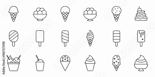 Collection of various single color ice cream and frozen treats line icons
