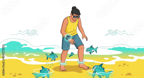 Enchanting beach scene: Man interacts with luminous sea creatures under a sunny sky atmosphere