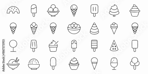 Collection of various ice cream and dessert related line icons