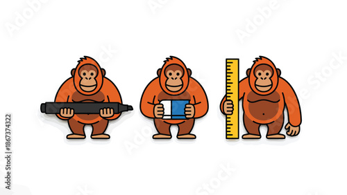 Cartoon Orangutans with Art Supplies and Measuring Tools on White Background