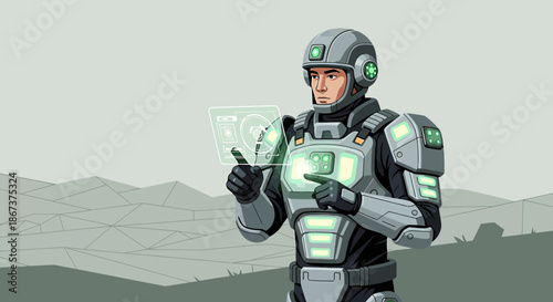 Futuristic explorer operating digital display panel in desolate landscape backdrop 62 characters