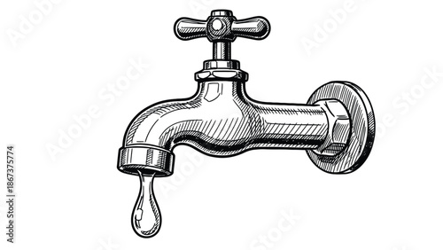 Vintage Wall Tap Faucet Illustration With Handle And Spout For Plumbing And Water Theme