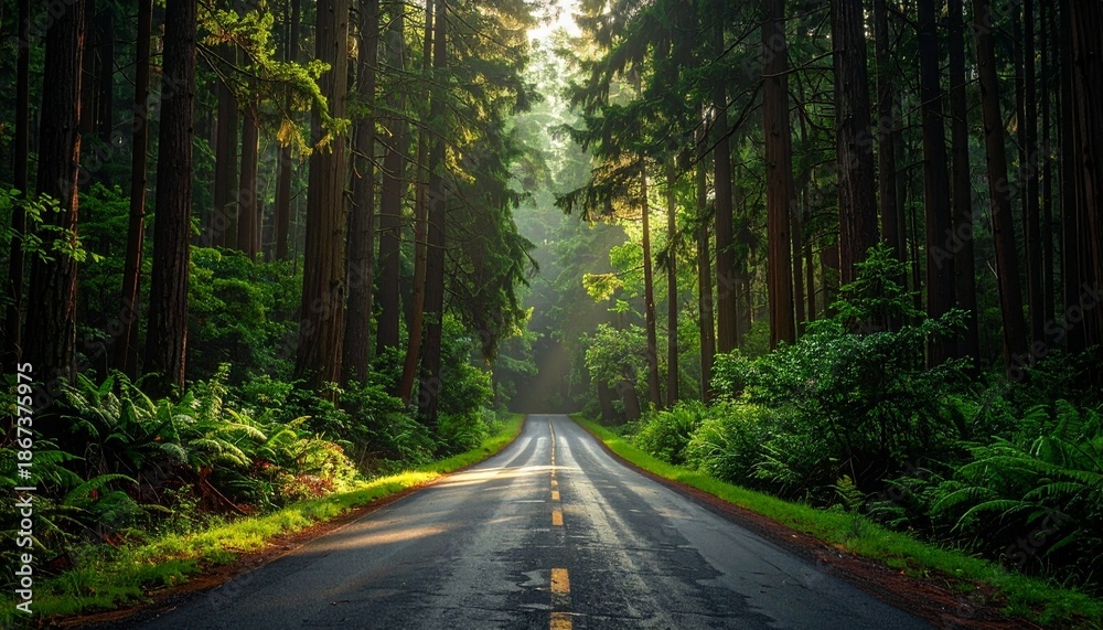 Fototapeta premium Scenic road through a lush green forest with tall trees.
