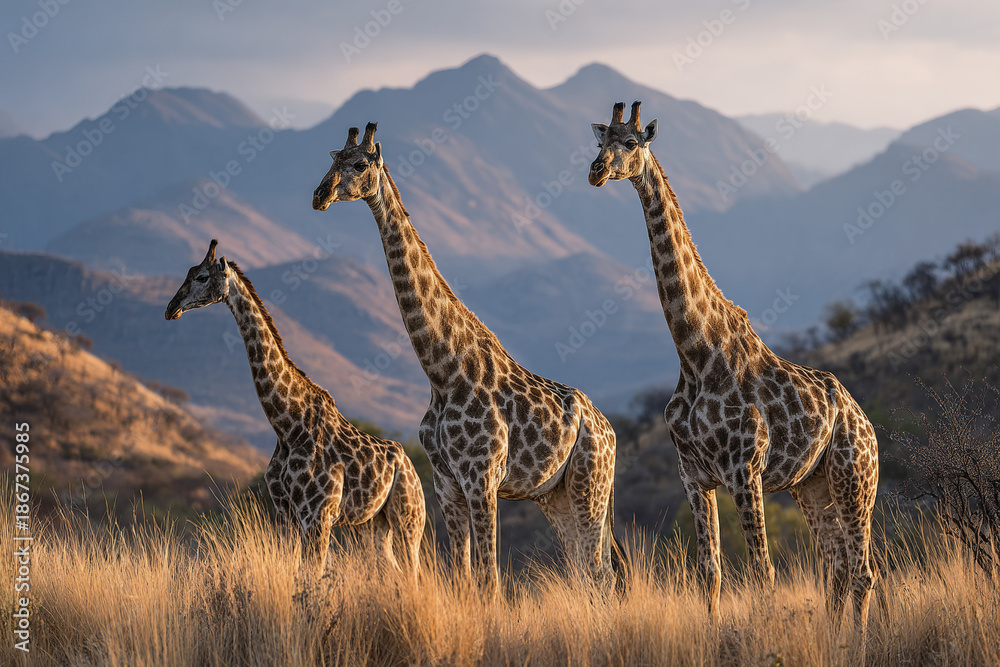 Fototapeta premium African giraffe savannah wildlife grassland mountain nature animal tall wild mammal three standing sunset golden dry landscape herbivore spotted long neck outdoor natural environment safari brown