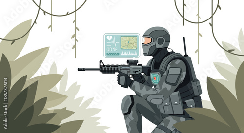 Futuristic soldier in camouflage uniform with advanced technology in jungle environment scene