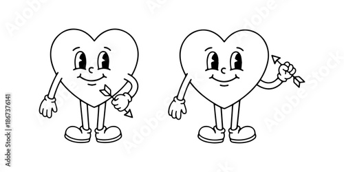 Retro cartoon heart characters with arrows. Black and white line art vector illustration in 30s rubber hose style for Valentine's Day coloring page.