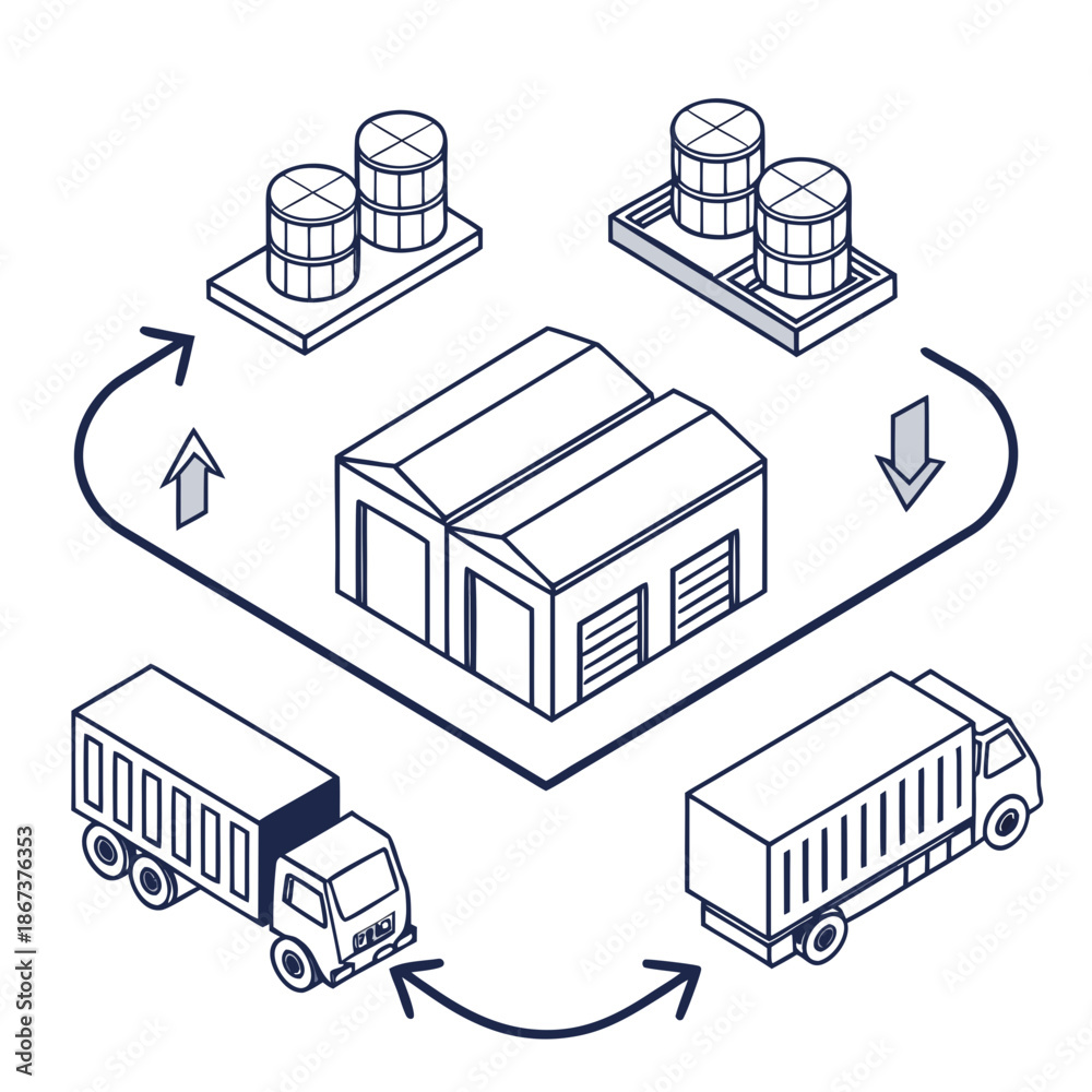 Fototapeta premium Material Logistics Flow Icon Flat Vector Design, Illustrating Efficient Supply Chain and Resource Management in Construction Projects