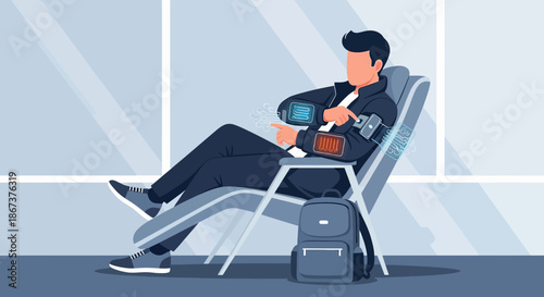 Futuristic traveler interacting with augmented reality interfaces at modern airport lounge